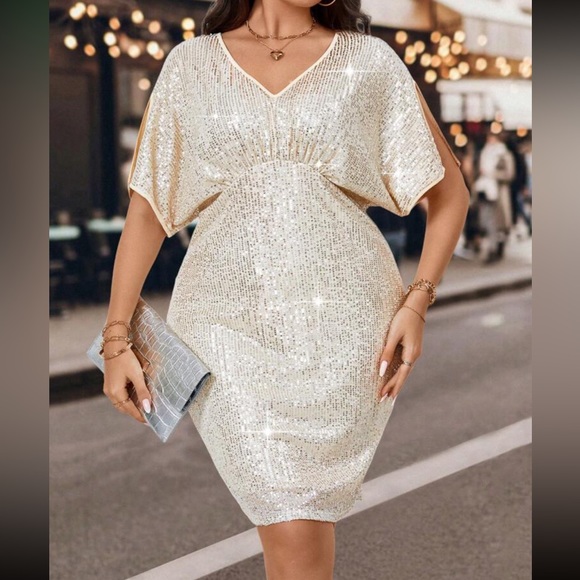 Luxe plus batwing sleeve party sequins dress - Picture 1 of 12